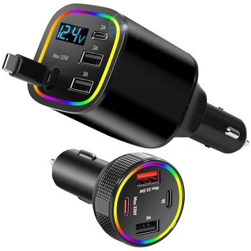 4 in 1 cigarešu aizdedzinātāja USB C auto lādētājs