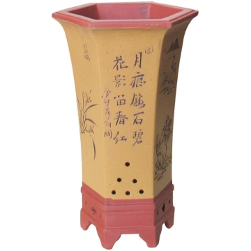 11" Sand and Red Unglazed Etched Hexagonal Cascade