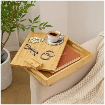Sofa Armrest Tray Flexible Wooden Bamboo Drink Hol
