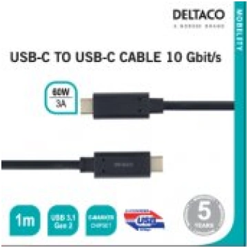 Deltaco USB-C to USB-C cable 10 Gbit/ s 1m, 60W, 3