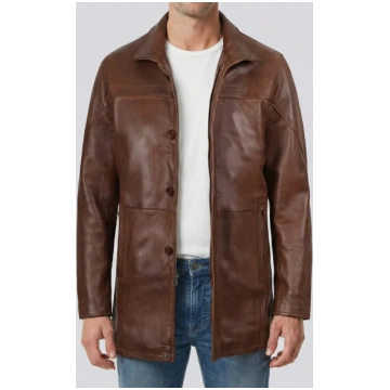 Men’s 3/4 Length Cognac Brown Leather Coat Decrum