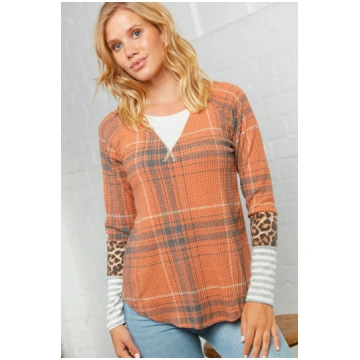 Rust Plaid Stripe & Leopard Cross Stitch Top 7th R