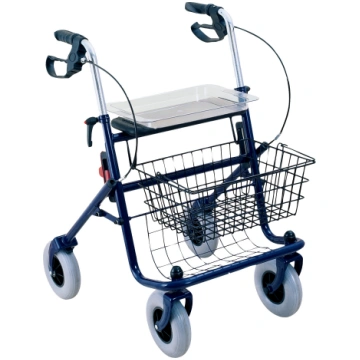 Rollators ar četriem riteņiem, grozu un paplāti