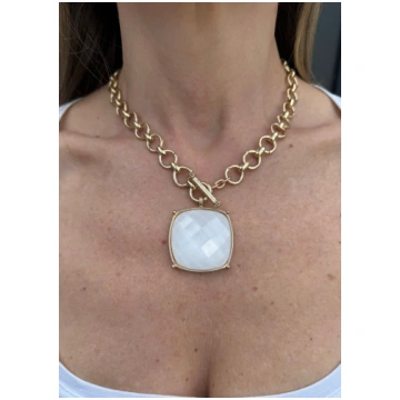 Rhea Square Stone Pendant Chain Necklace - Ivory B