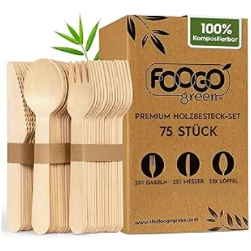 FOOGO Green Disposable Cutlery 75 Pieces - Wooden 