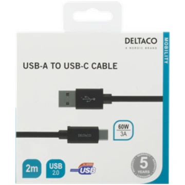 DELTACO USB-A līdz USB-C kabelis, 2m, USB 2.0, pīt