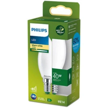 PHILIPS LED stikla 40W B35 E14 2700K matēta ultra