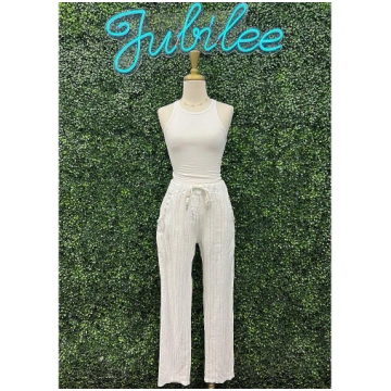 Sandra White Linen Stripe Gem Pants JUBILEE