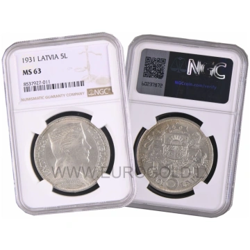 Latvia 5 Lati 1931 - NGC MS 63