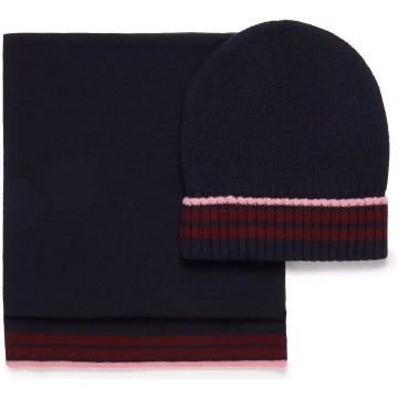 Navy Blue Knitted Merino Wool Hat & Scarf Set Thom