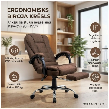 Ergonomisks auduma datorkrēsls brūns 150kg atzvelt