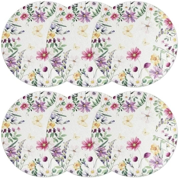 Set of 6 Round Flowers Linen Place Mats Washable P