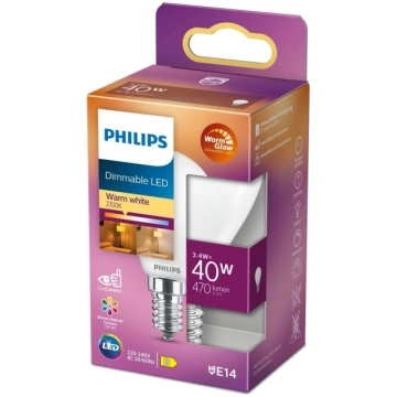 PHILIPS LED stikla 40W P45 E14 matēta Warm Glow di