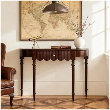 Wooden Half Moon Console Table with Drawer, Modern