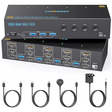 KVM komutators 4 datoriem un 3 monitoriem, 4K @ 60