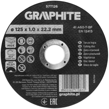 Graphite Griešanas disks, korunds metālam/INOX 125