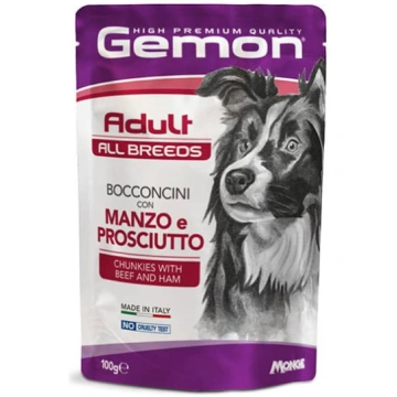 GEMON DOG POUCHES BEEF & HAM suņu konservi gabaliņ
