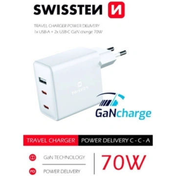 Swissten GaN Travel Charger 2 x USB-C / USB / 70W 