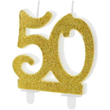 Party Deco Swieczka na 50-tke ze zlotym brokatem -