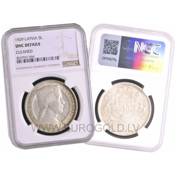 Latvia 5 Lati 1929 - NGC UNC DETAILS