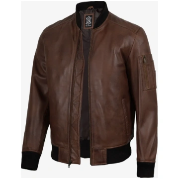 Men's Cognac Brown Lambskin Leather Bomber Ja
