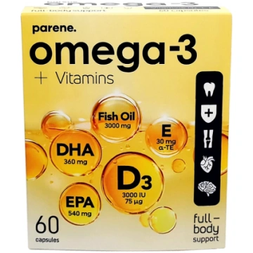 Omega-3 + vitamīni D3+E Parene, 60 kapsulas