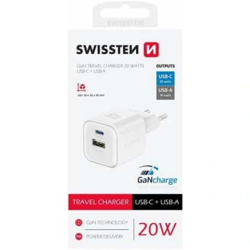 Swissten Travel Charger GaN USB-C 20W PD / USB-A 1