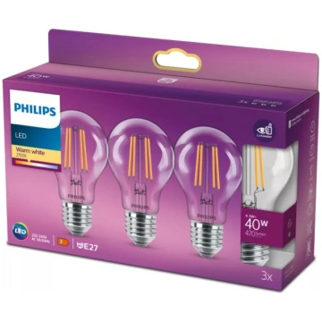 PHILIPS LED stikla 40W A60 E27 Silti balta 2700K c