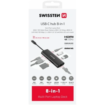 Swissten 8-in-1 USB-C Hub, Aluminum, USB-C 100W / 