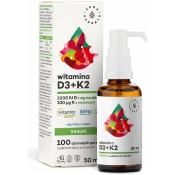AURA HERBALS D3 vitamīns 2000 SV + K2 vegāns (50 m
