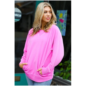 Pink French Terry Pullover with Pockets Zenana