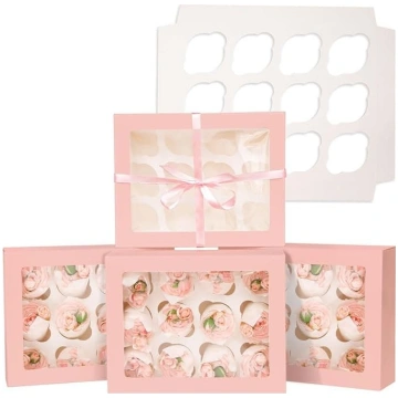 Automātiskās Popup 12 Cupcake kastes ar logu Rozā 
