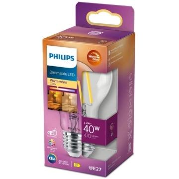 PHILIPS LED stikla 40W A60 E27 caurspīdīga Warm Gl