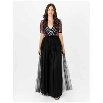 Maya Multi Stripe Embellished Black Maxi Dress wit