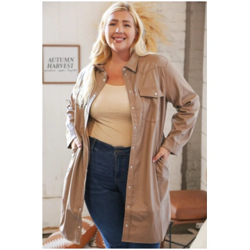 Taupe Faux Leather Sanp Button Down Shirt Jacket H