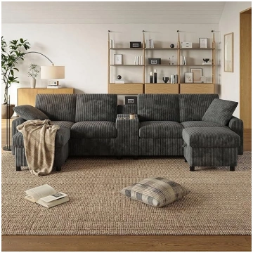 BTM Corduroy U-Shape Corner Sofa, 2 Footstools wit