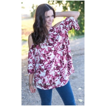 Line Cold Shoulder 3/4 Sleeve Loose Fit Cotton Blo