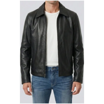 Men's Black Shirt Collar Cowhide Leather Jack