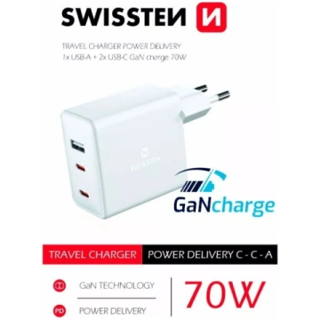 SWISSTEN Travel Charger GaN 70W 2×USB-C lādētājs p