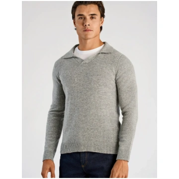 Lambswool L/S v-neck polo - MID GREY MEL