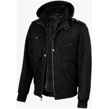 Men's Black Faux Suede Hooded Bomber Jacket -