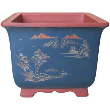 13" Teal and Red Unglazed Etched Semi Cascade Pot