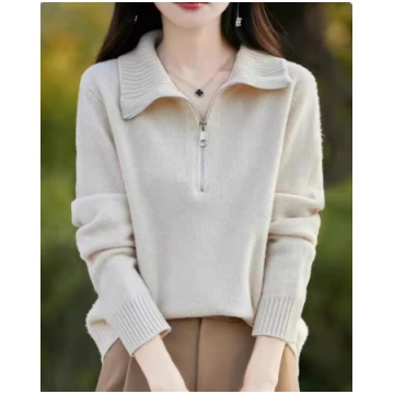 Soft Mock Neck Quarter-Zip Pullover Jumper - Beige