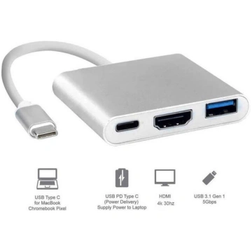 Hub 3in1 adapteris Type-C / USB3.0 / HDMI 4k / PD 