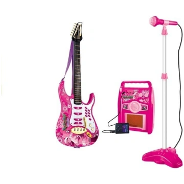 Pink electric guitar with microphone and amplifier