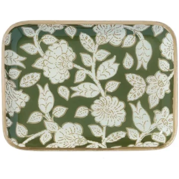 Enameled Flowered Metal Tray Jaya Vert Thistle Hil