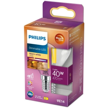 PHILIPS LED stikla 40W P45 E14 Warm Glow dimmējama