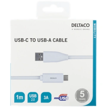 USB-C to USB-A cable, 1m, 3A, USB 2.0, white DELTA