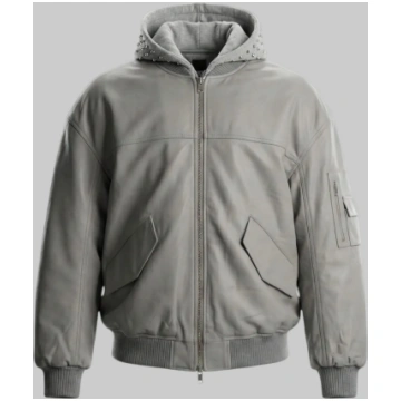Grey Leather Studded Hoodie Jacket SIACLTV