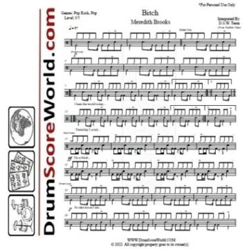 Meredith Brooks - Bitch - Drum Sheet - Drum Score 